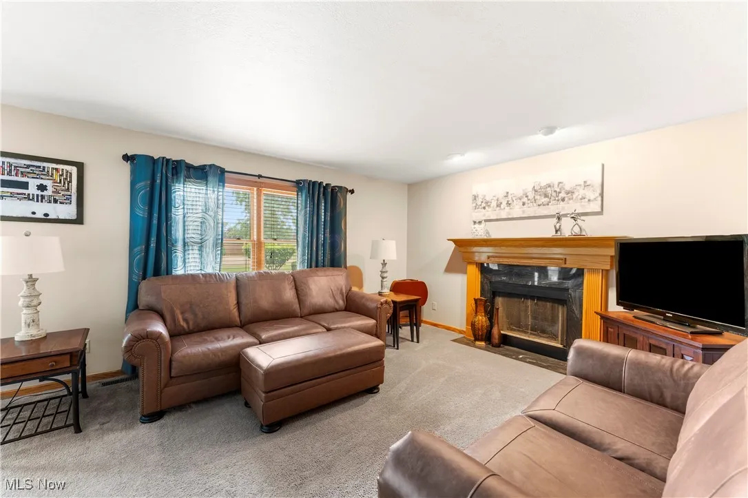Living room featuring a fireplace and carpet floors