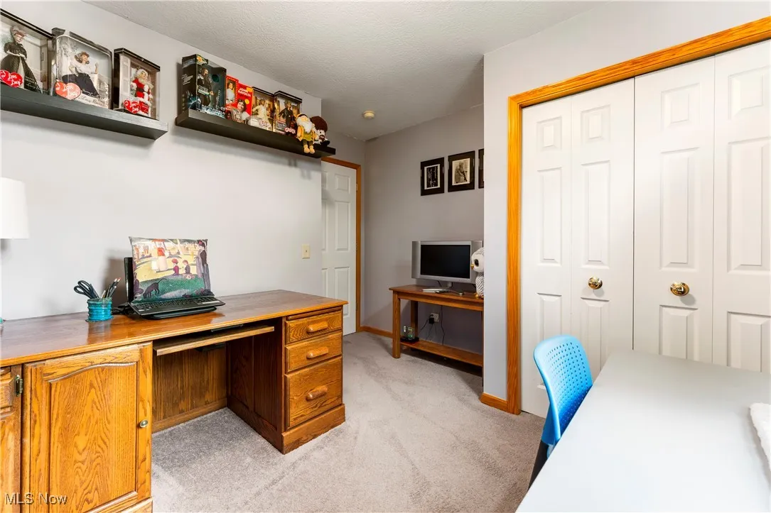 Office area featuring light carpet and a textured ceiling