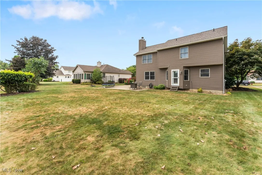 Rear view of house featuring a patio, a yard, a chimney, and entry steps