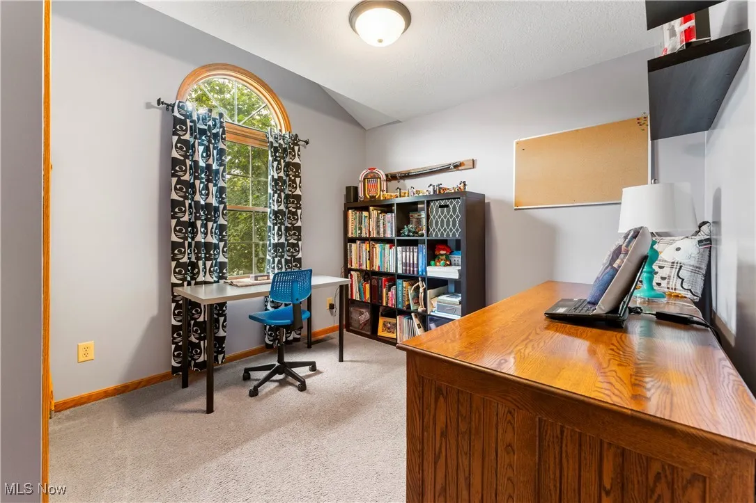 Office area with light colored carpet and a textured ceiling