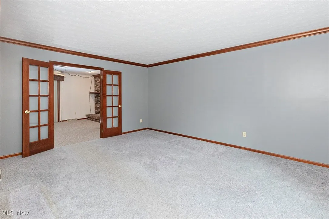 Carpeted spare room with french doors, crown molding, and a textured ceiling