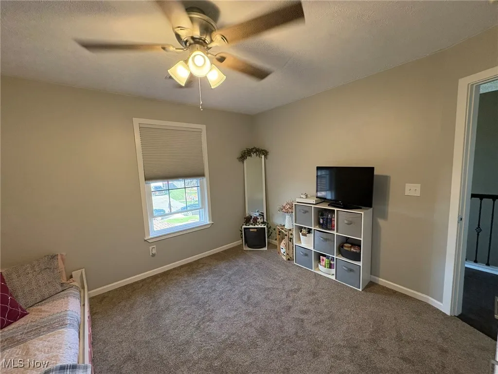 Sitting room with carpet, a ceiling fan, and a textured ceiling