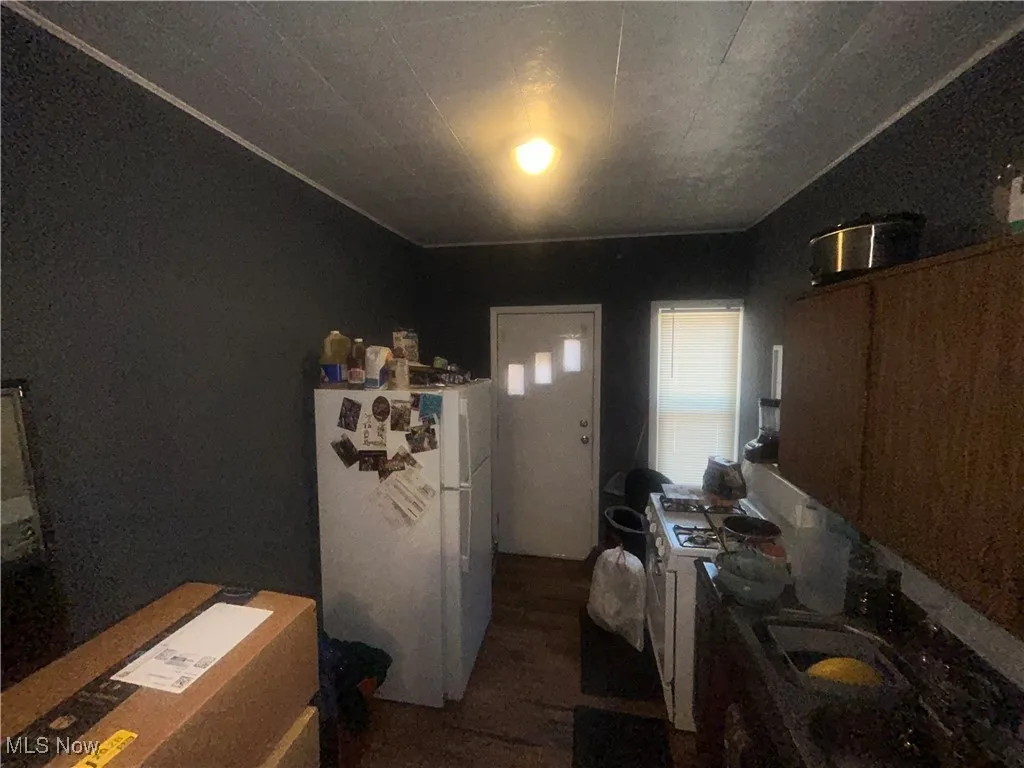 Kitchen featuring freestanding refrigerator and dark countertops