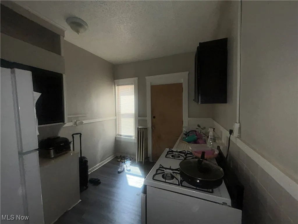 Kitchen with a textured ceiling, white appliances, dark wood-style floors, and radiator