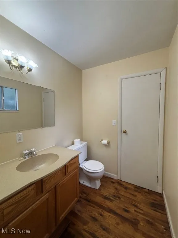 Bathroom with dark wood-type flooring and vanity