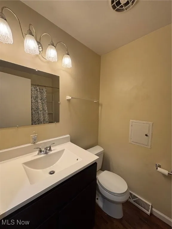 Bathroom with dark wood finished floors, vanity, and a shower with curtain