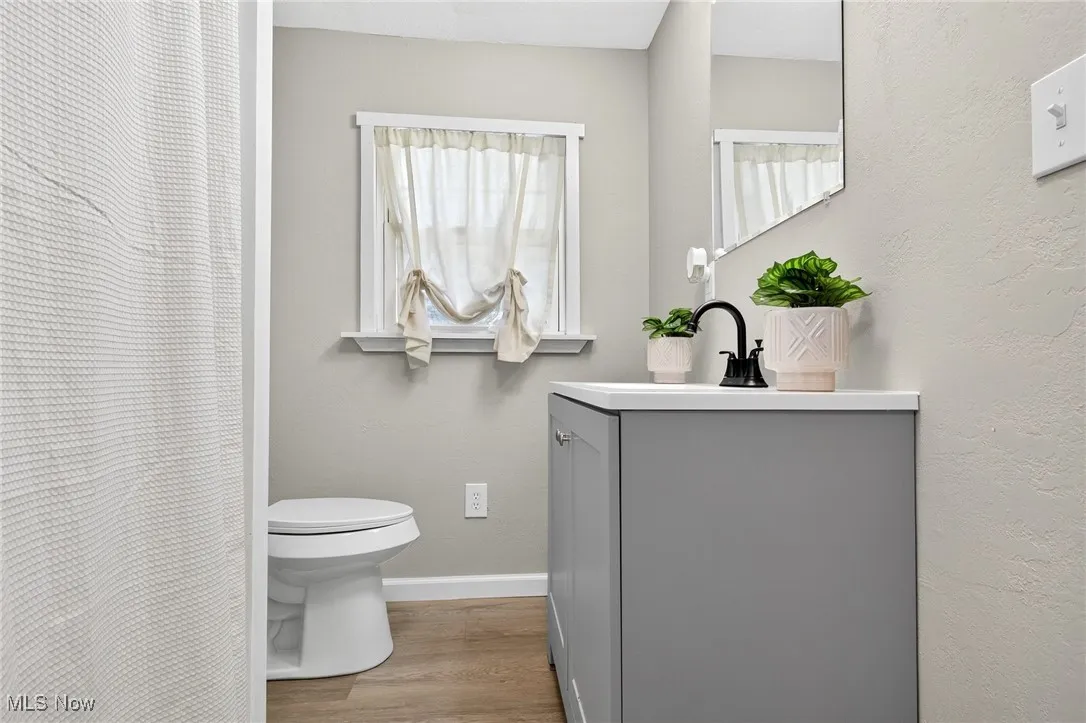 Bathroom featuring vanity, light wood-type flooring, healthy amount of natural light, and a shower with shower curtain