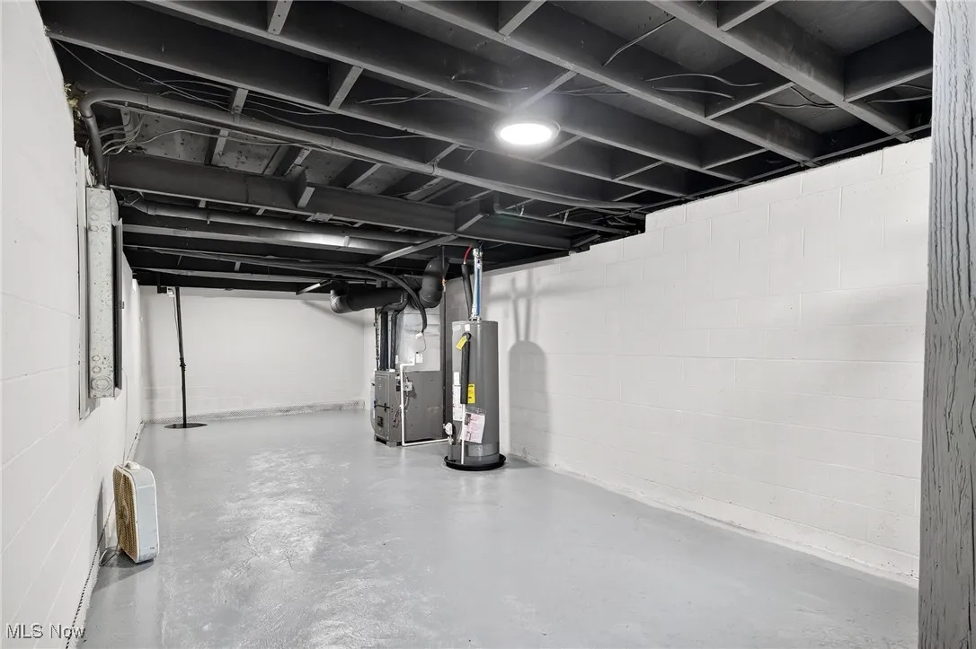 Unfinished basement with water heater and heating unit