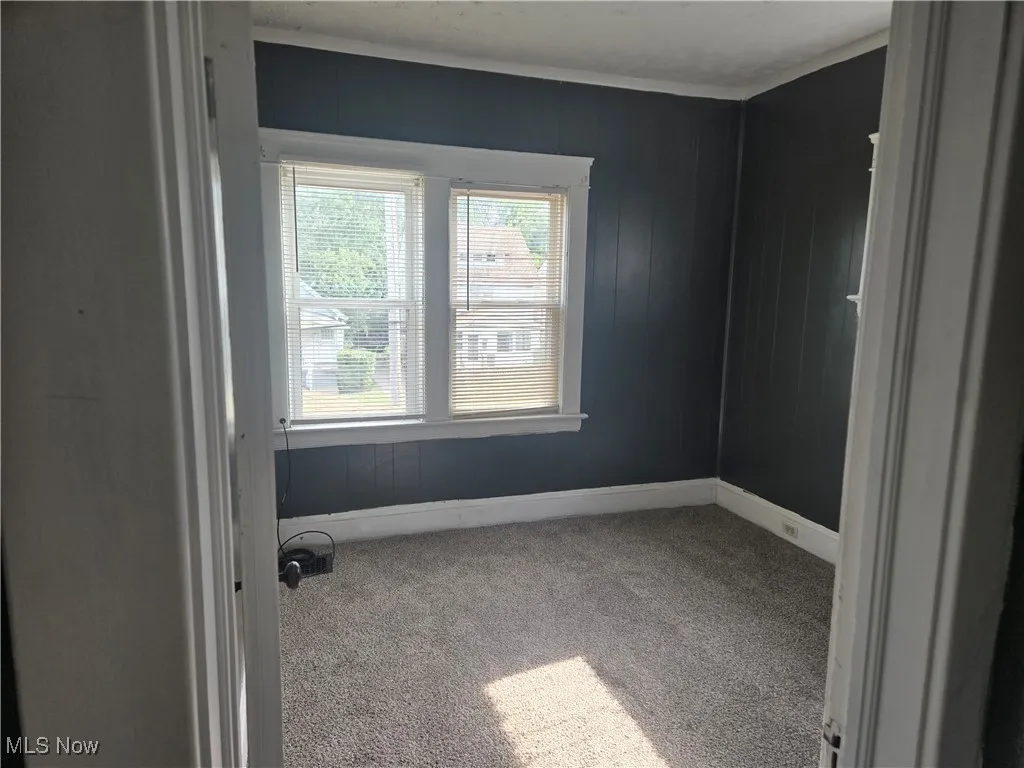 Empty room featuring light carpet and wood walls