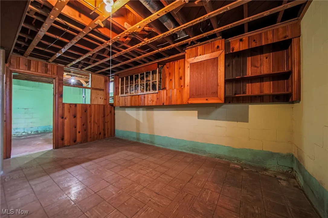 Basement with concrete block wall and wooden walls