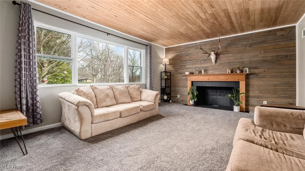 Living area with wooden walls, carpet floors, a fireplace, and wooden ceiling