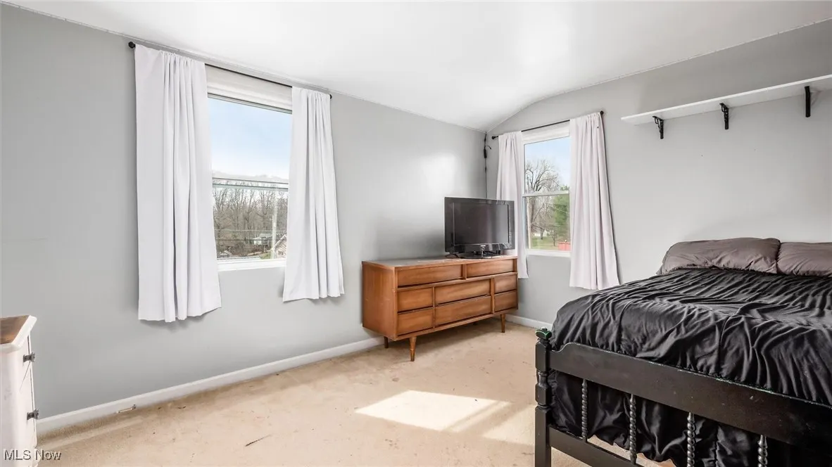 Bedroom featuring carpet floors and vaulted ceiling