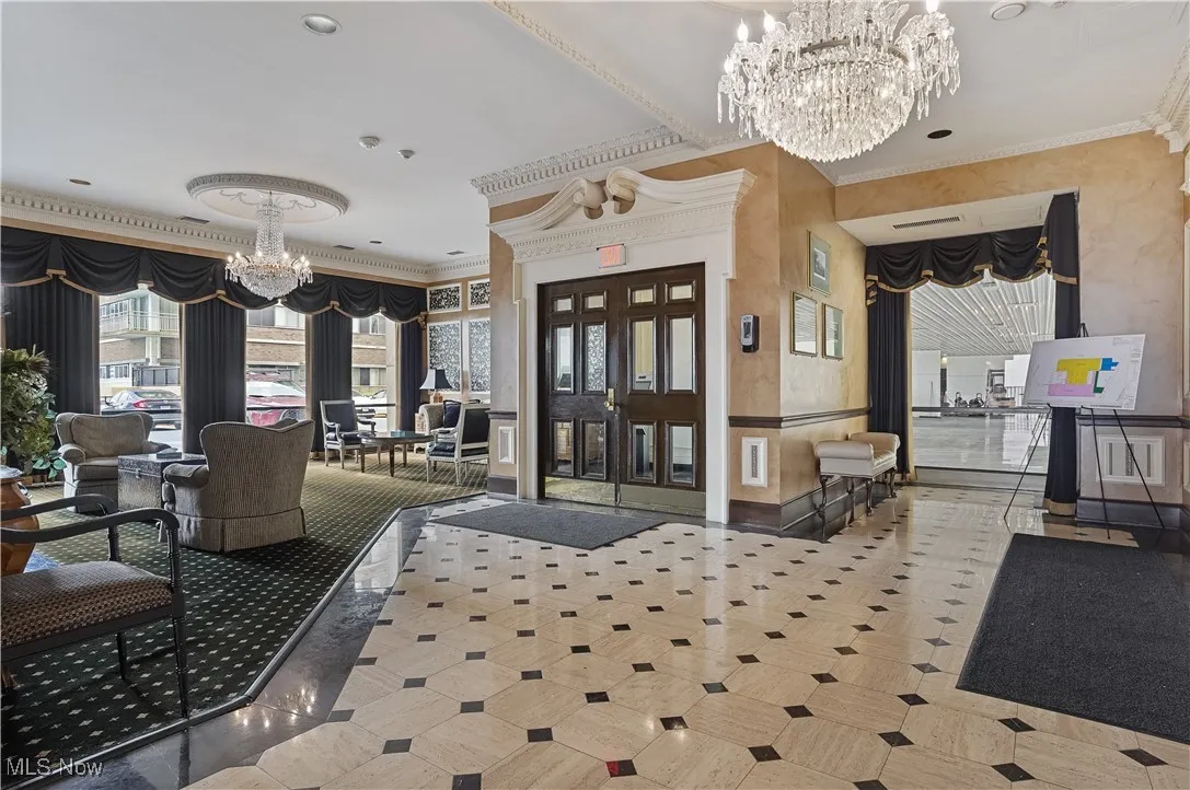Building lobby with Waterford crystal chandelier