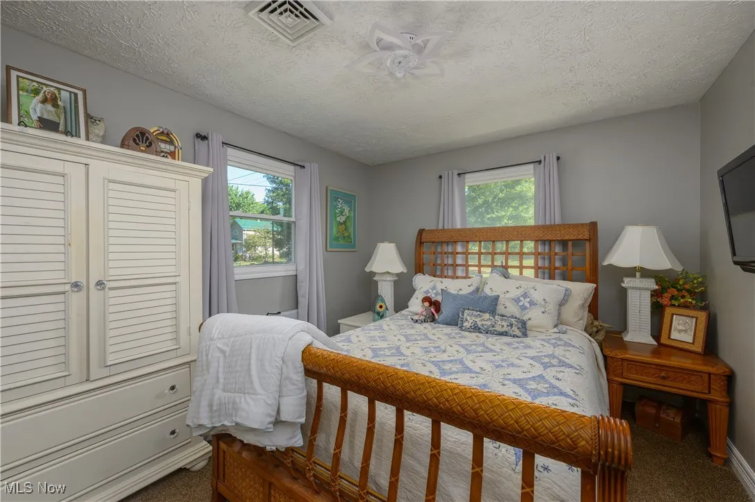 Bedroom featuring carpet flooring, multiple windows, and a textured ceiling