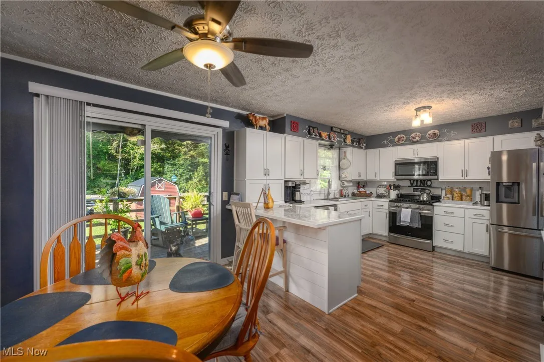 Kitchen with appliances with stainless steel finishes, dark wood-style flooring, a peninsula, white cabinetry, and a textured ceiling