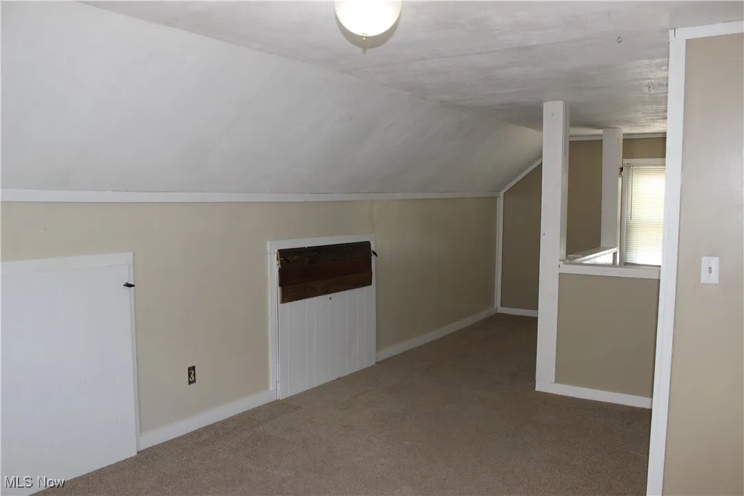 Additional living space featuring lofted ceiling and carpet floors