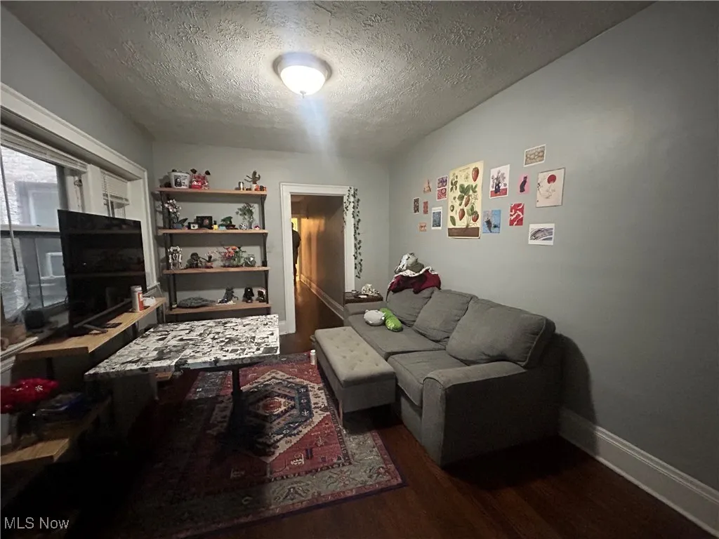 Living area with dark wood-style floors and a textured ceiling