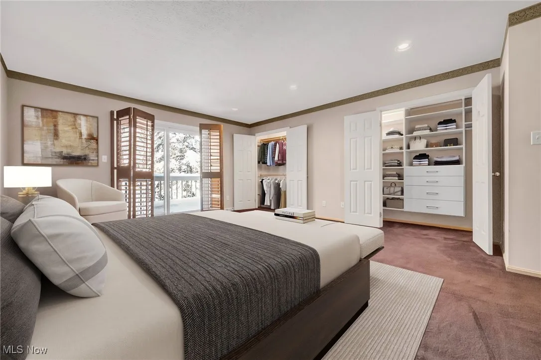 Virtually staged. Primary bedroom on 1st has sliding door to deck, double closets, one of which has built-ins by California Closets,  room for sitting area.  There are two full baths off the hallway making it possible for his and her baths or guest bathroom