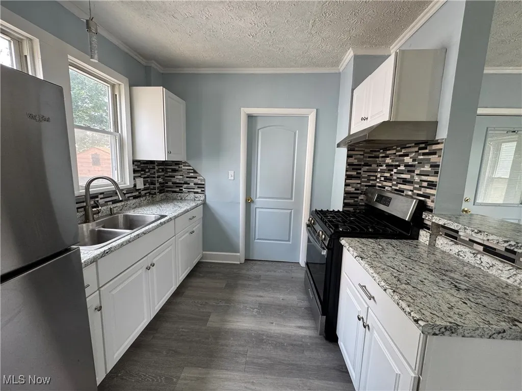 Kitchen with appliances with stainless steel finishes, white cabinets, healthy amount of natural light, a textured ceiling, and dark wood-style flooring