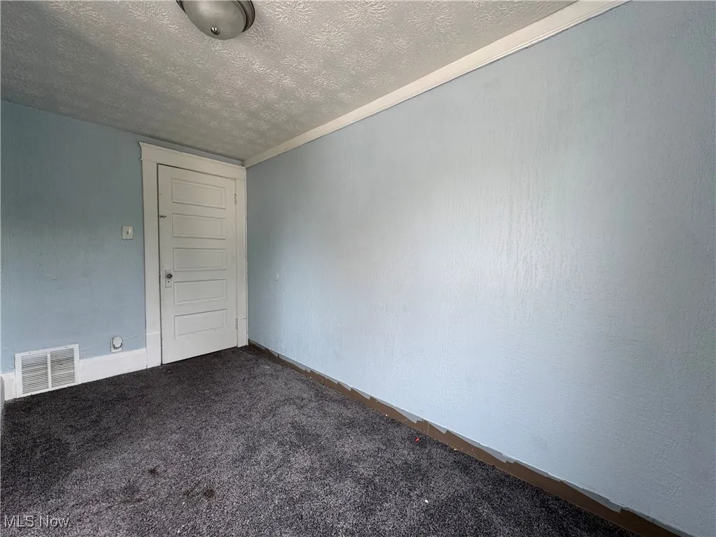 Bedroom 1 featuring carpet flooring and a textured ceiling