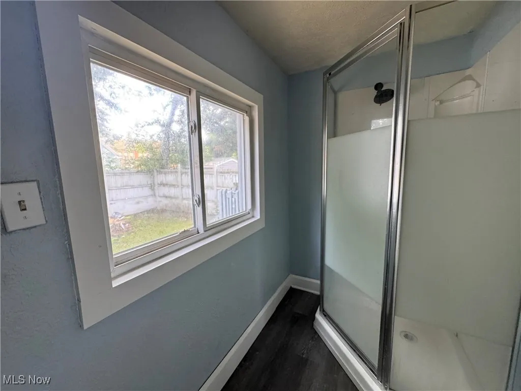 Main Floor Full Bathroom featuring a shower stall and dark wood-style floors