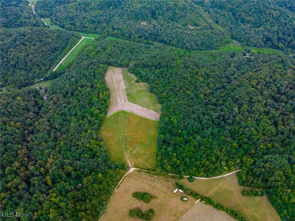Aerial overview of property's location with a heavily wooded area