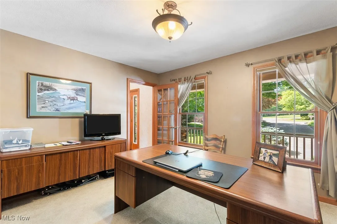 Home office featuring light carpet