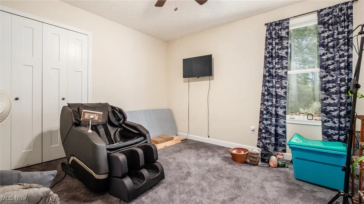 Living area with carpet floors, a ceiling fan, and a textured ceiling