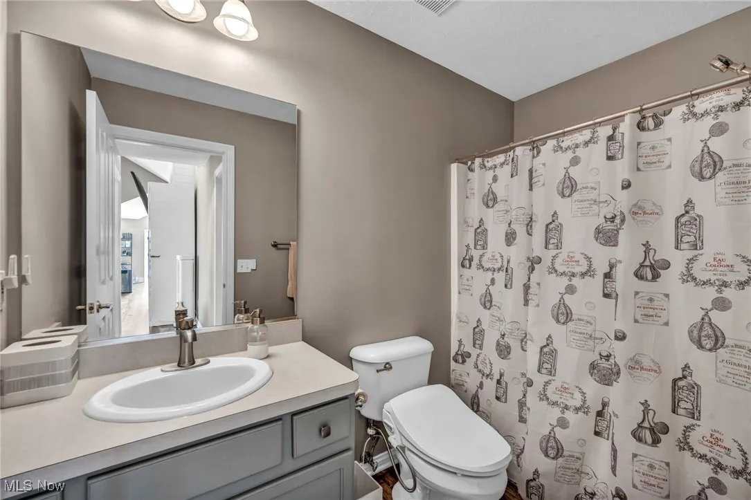 Full bathroom featuring vanity and a shower with curtain