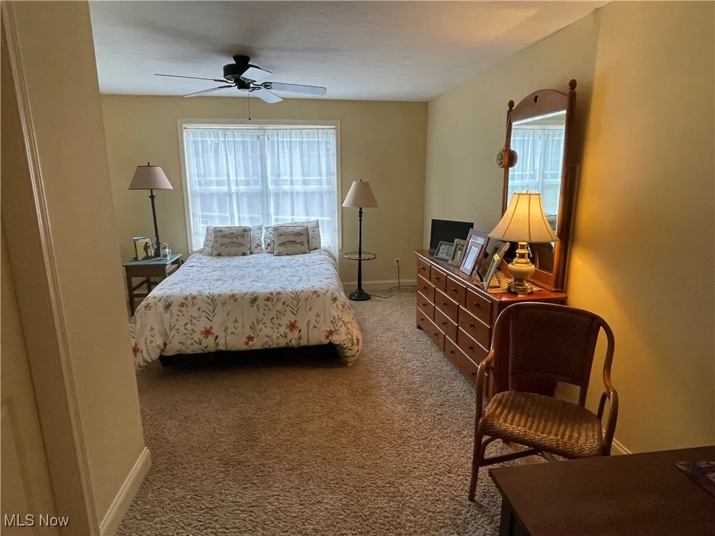 Carpeted bedroom featuring multiple windows and ceiling fan