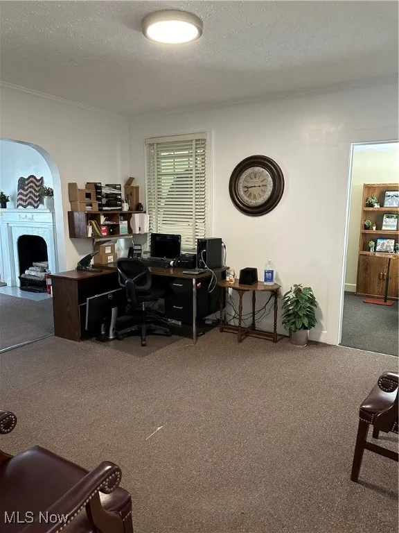 Central office space featuring a textured ceiling, ornamental molding, and a fireplace