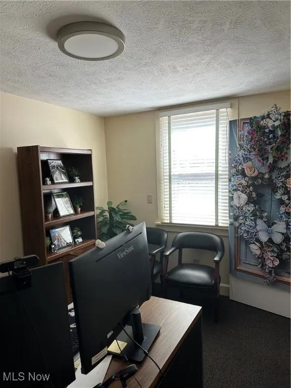 Private office space featuring a textured ceiling
