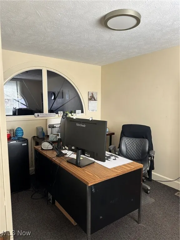 Private office with a textured ceiling and dark colored carpet