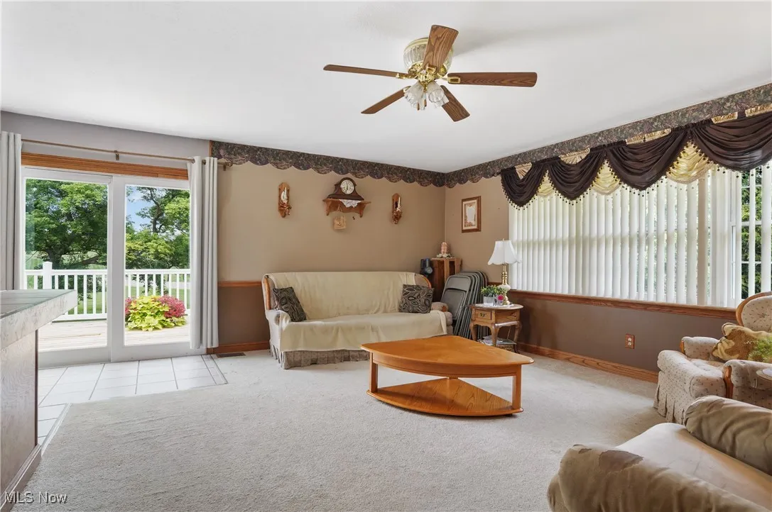Living area with light carpet and ceiling fan