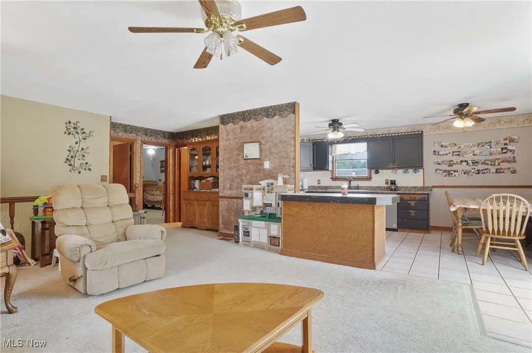 Living area featuring light colored carpet and light tile patterned flooring
