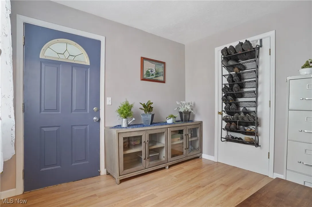 Entryway with light wood-style floors and baseboards