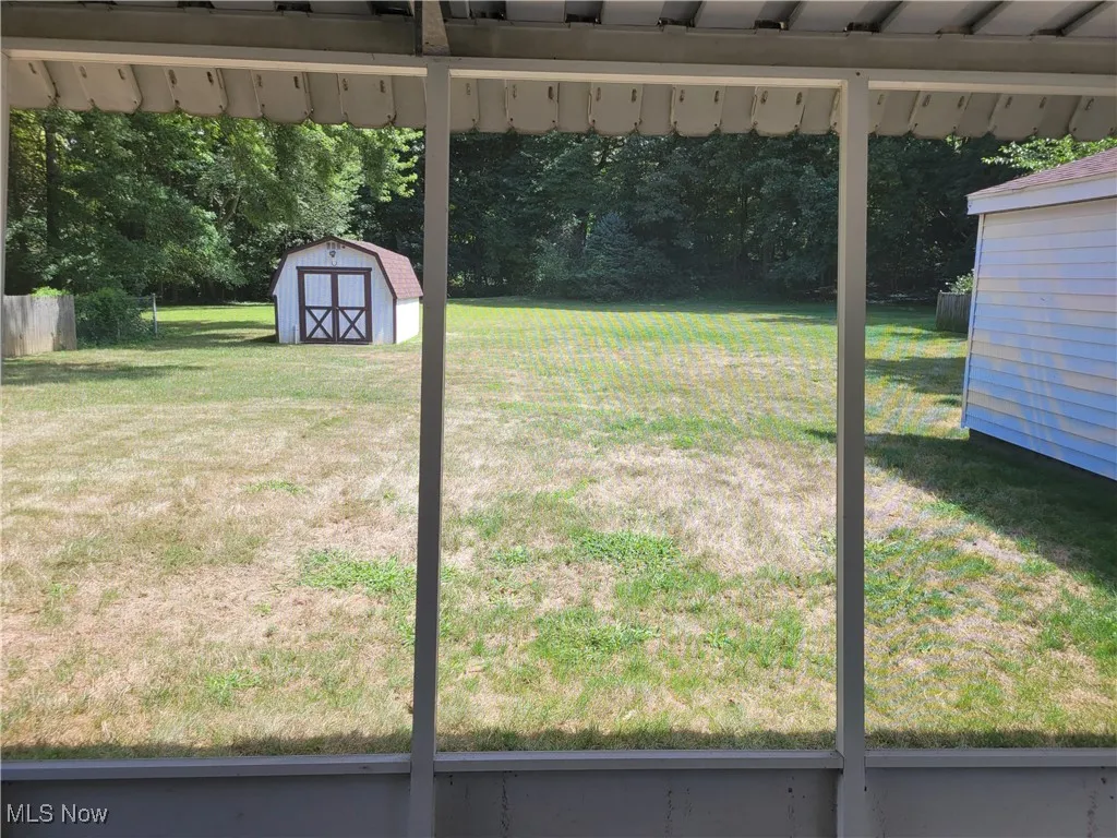 View of grassy yard with a shed