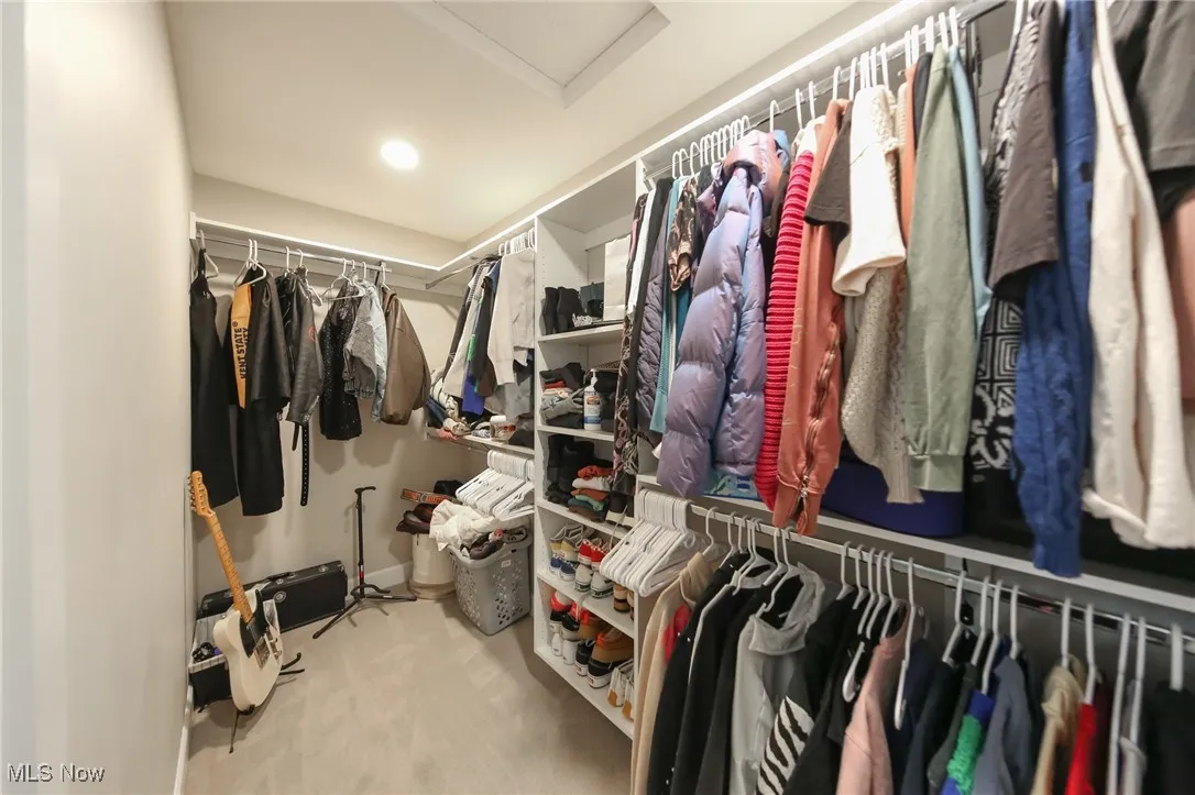 Spacious closet featuring attic access and light colored carpet