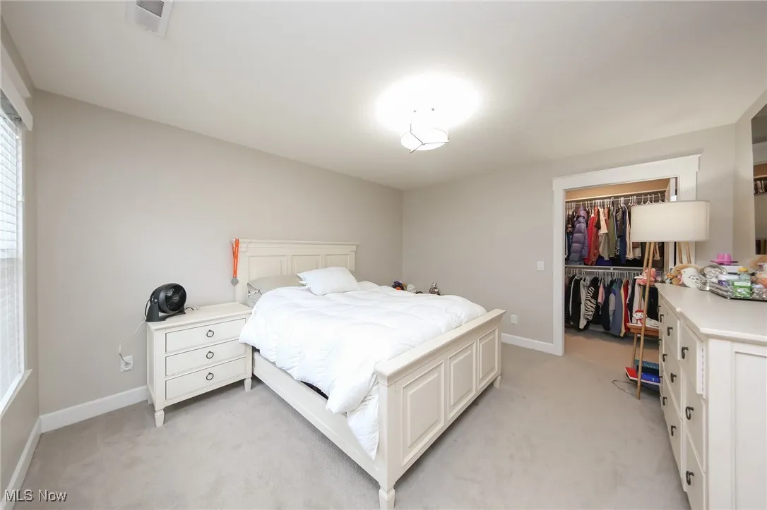 Bedroom featuring a walk in closet and light carpet