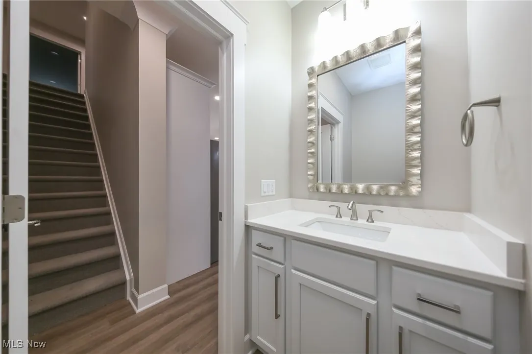 Bathroom featuring vanity and dark wood-style flooring