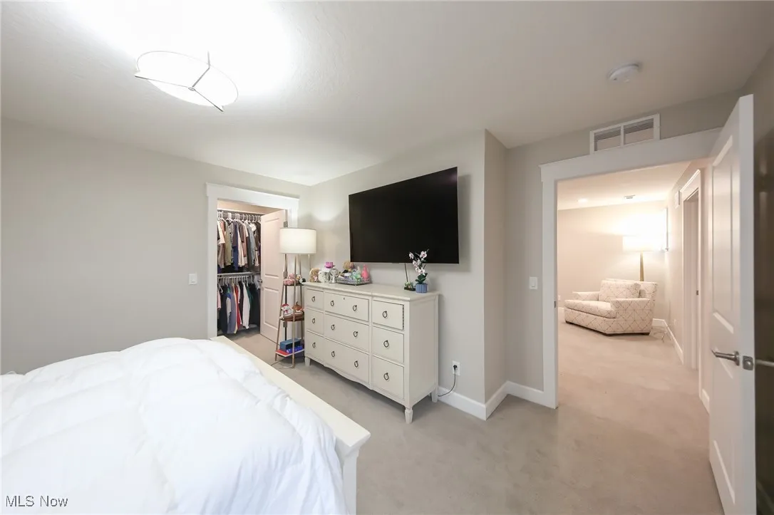 Bedroom featuring light carpet and a spacious closet