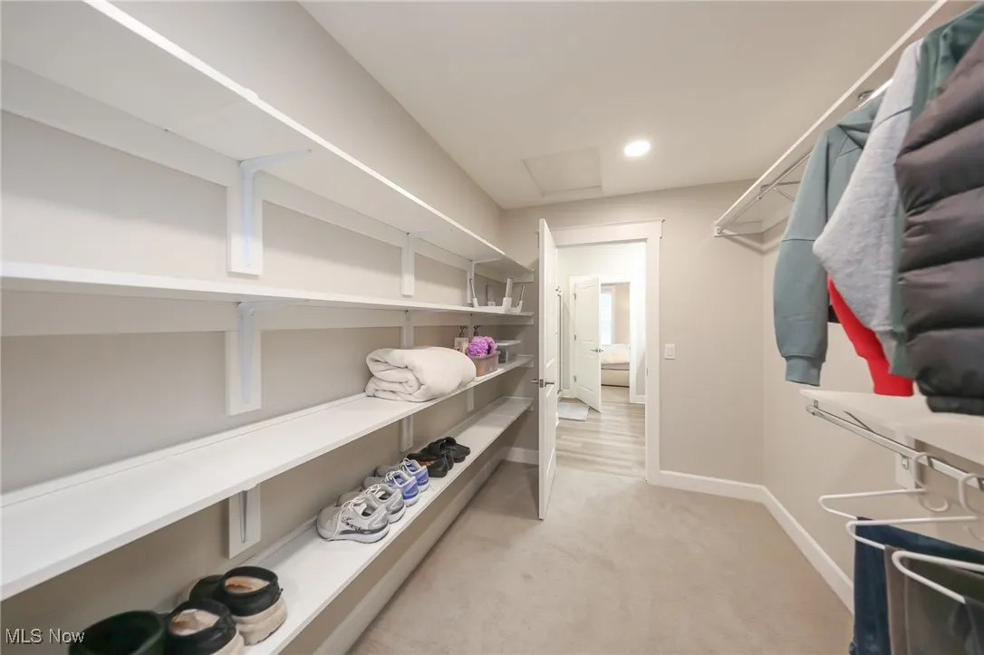 Spacious closet with light colored carpet and attic access