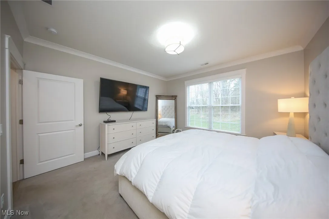 Bedroom with carpet and crown molding