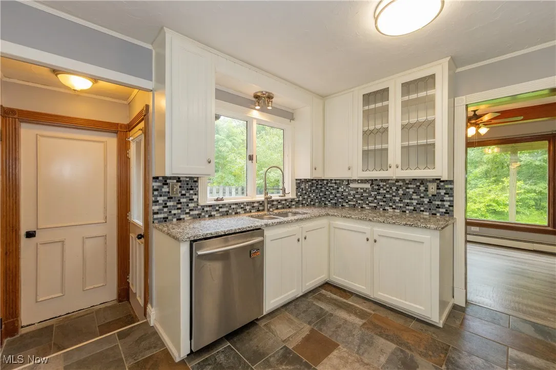 The kitchen and entrance to the attached garage