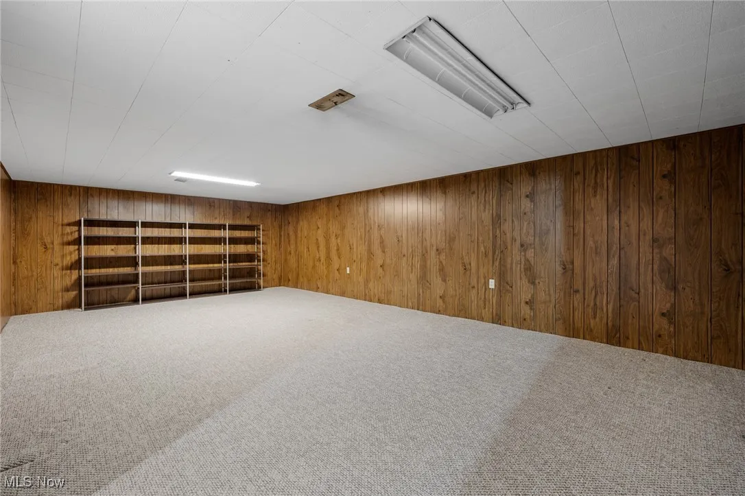 Additional living space with carpet floors and wood walls