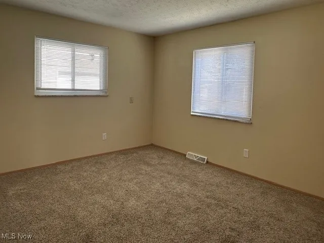 Unfurnished room with carpet and a textured ceiling
