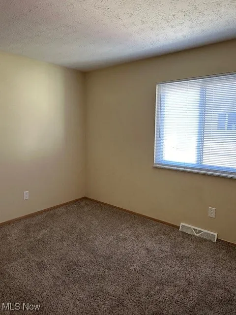 Unfurnished room with a textured ceiling and carpet flooring