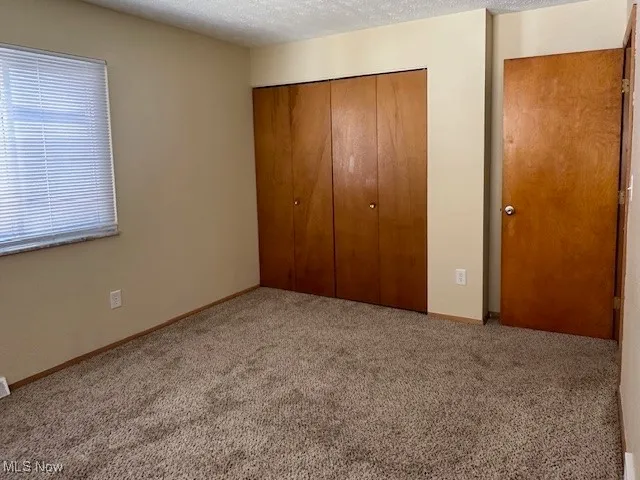 Unfurnished bedroom featuring light carpet, a textured ceiling, and a closet