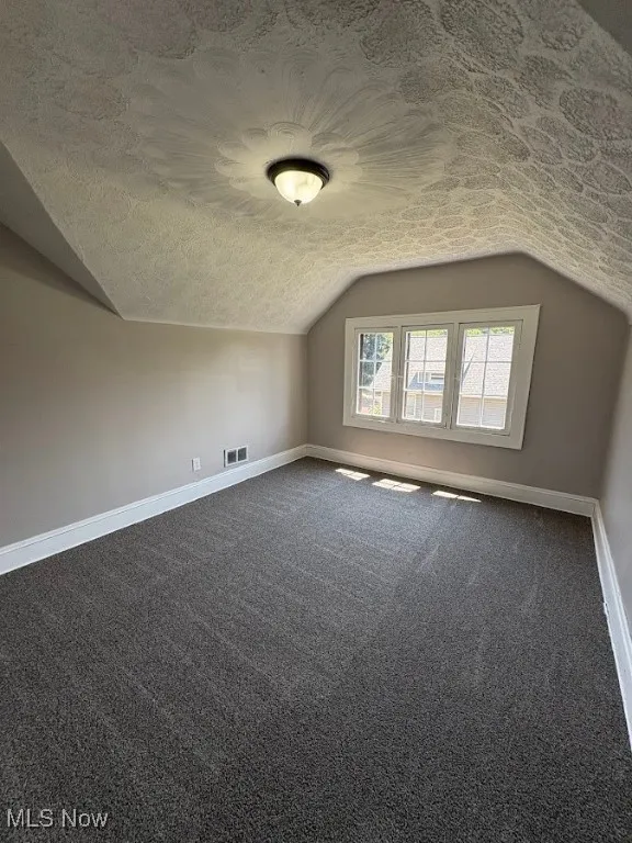 Additional living space with a textured ceiling, vaulted ceiling, and dark carpet