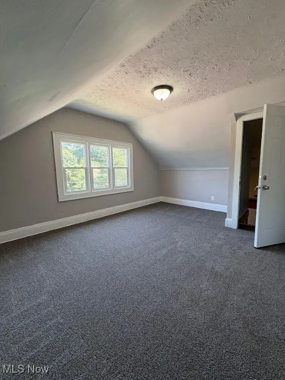 Bonus room with dark colored carpet, vaulted ceiling, and a textured ceiling